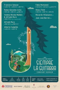 2020 Siempre La Guitarra Tour Poster featuring Francisco Salazar, Ruben Gonzales Avila, Valdine Ritchie Mishkin, Alfredo Muro, Alberto Cumplido, Fabio Montomoli, Hilary Field, Riccardo Villanueva, Juan Jose Barron, & David Tutmark - Graphicsbyte