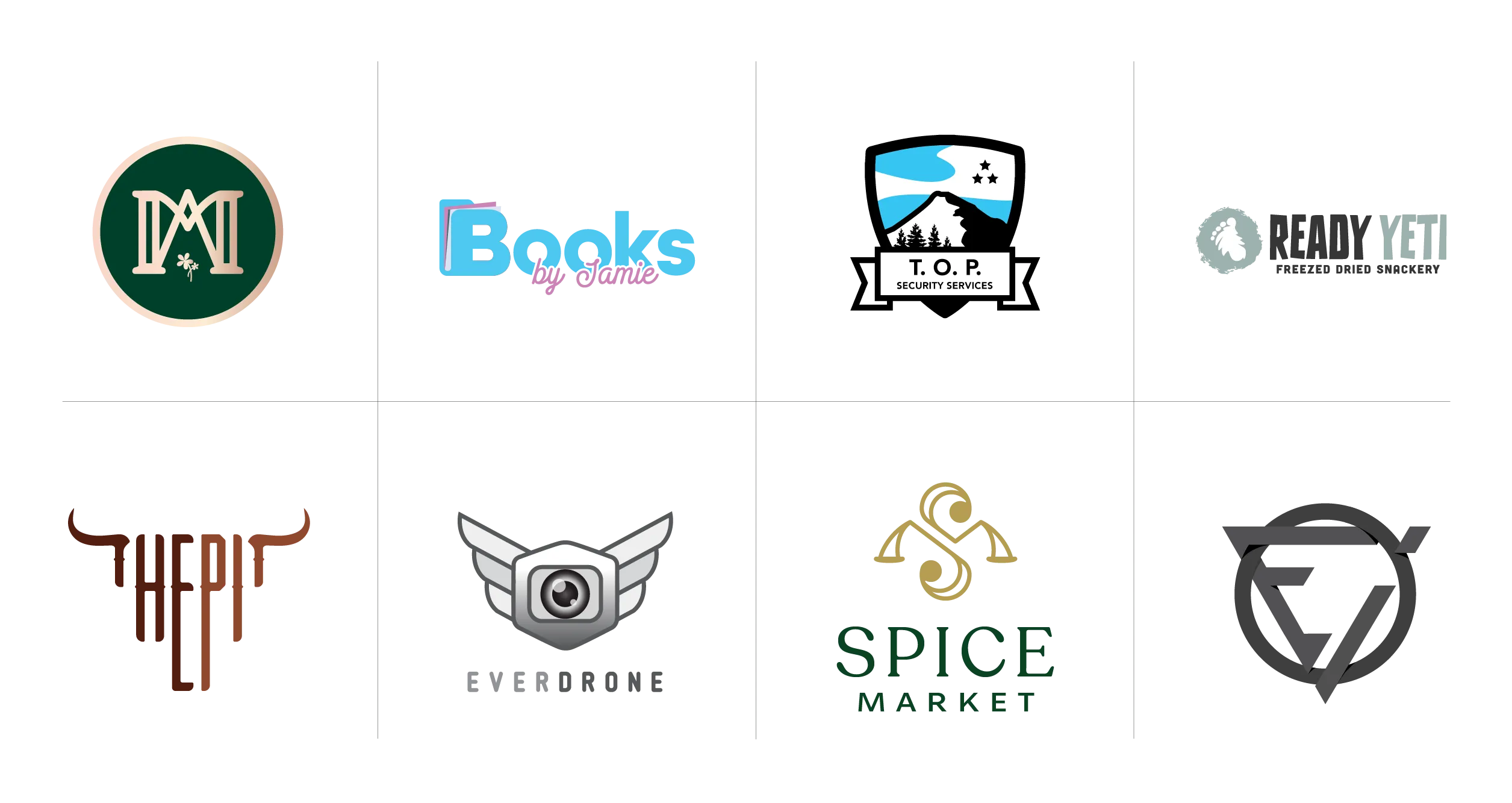 Mark & Ana Boehly, Books by Jamie, Top Security Services, Ready Yeti, The Pit, Everdrone, Spice Market, Emerald Isle band logos - Designed by Mark Boehly - Graphicsbyte
