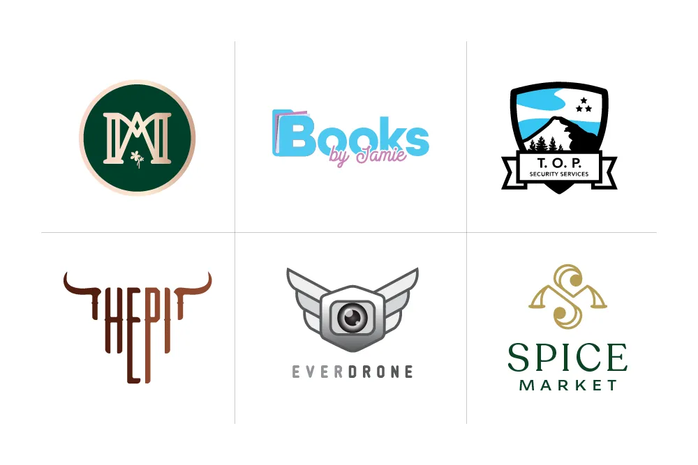 Mark & Ana Boehly, Books by Jamie, Top Security Services, The Pit, Everdrone, Spice Market logos - Designed by Mark Boehly - Graphicsbyte