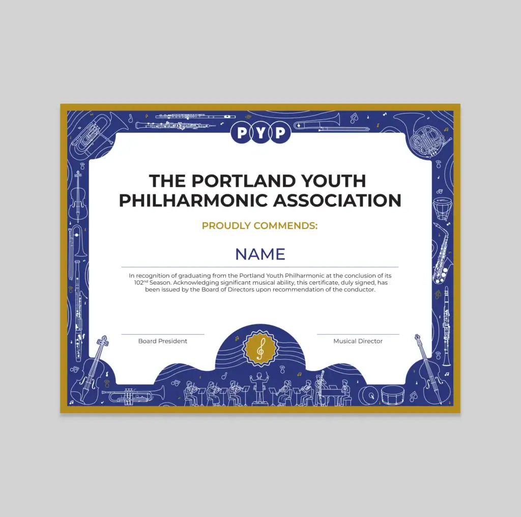 Portland Youth Philharmonic Graduation Certificate designed by Mark Boehly of Graphicsbyte